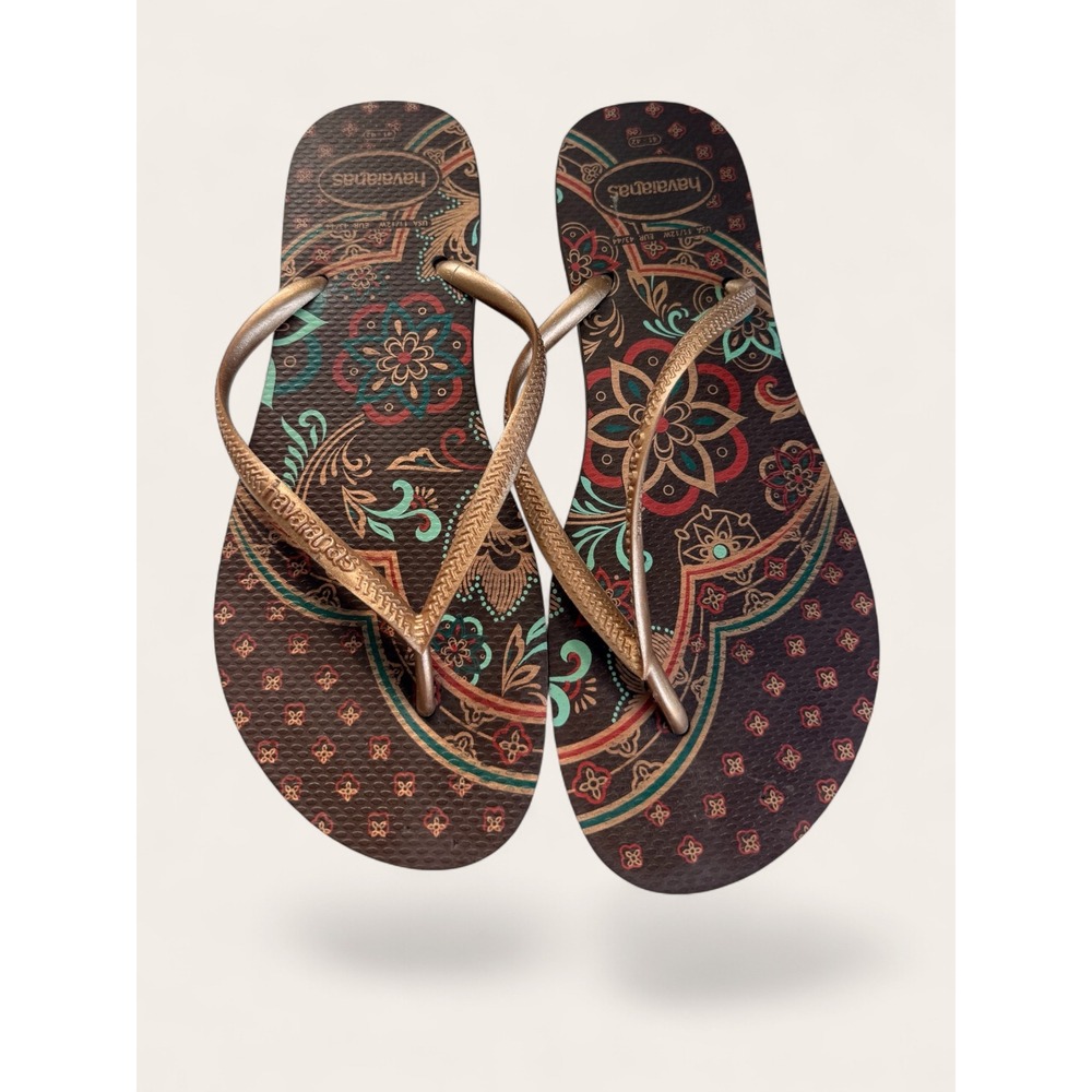 Boho Paisley Mandala Flip Flops Slim Rose Gold Strap Sandals 11/12